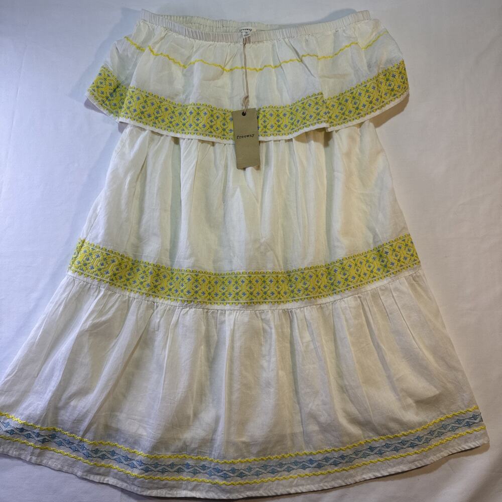 Cottage Core Strapless Midi Dress Smocked L Lined Lace Tiered Beachy Boho Large
